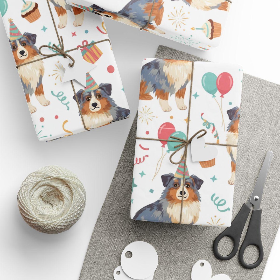 Cute Aussie Dog Birthday Wrapping Paper, Puppy Party Gift Wrap ...
