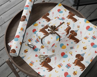 Inpakpapier teckelfeest, patroon verjaardag hond, cadeauverpakking viering, Weiner Dog Lover, leuk feestelijk inpakpapier