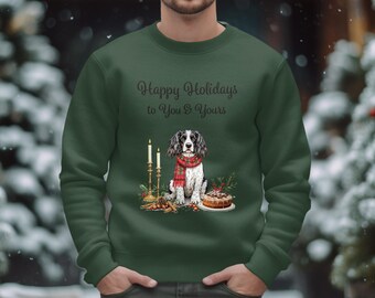 English setter holiday sweatshirt with candles and cake, gildan 18000 crewneck gift for dog lovers, cozy winter wear in 5 colors