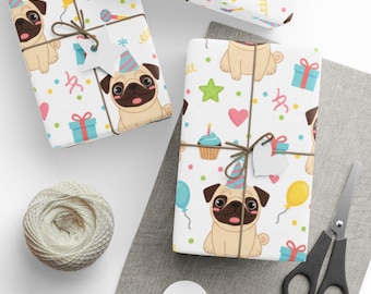 Mops Geburtstagsgeschenkpapier, Süßer Hund Geschenkpapier, Party Pup Geschenkpapier, Kindergeburtstag, Hundeliebhaber Geschenk, Geburtstagsgeschenkpapier