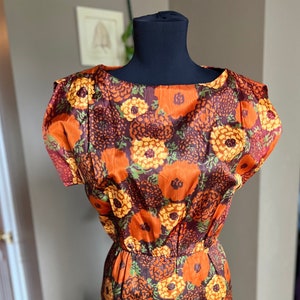 60s Brown Floral Secretary Wiggle Dress/ Modern Day XS/ Modern Day S