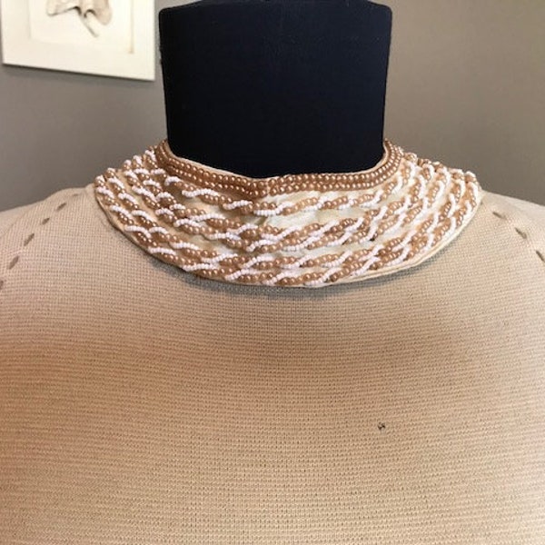 60s Detachable Ivory Beaded Collar/Satin Beaded Collar/Small Vintage Collar