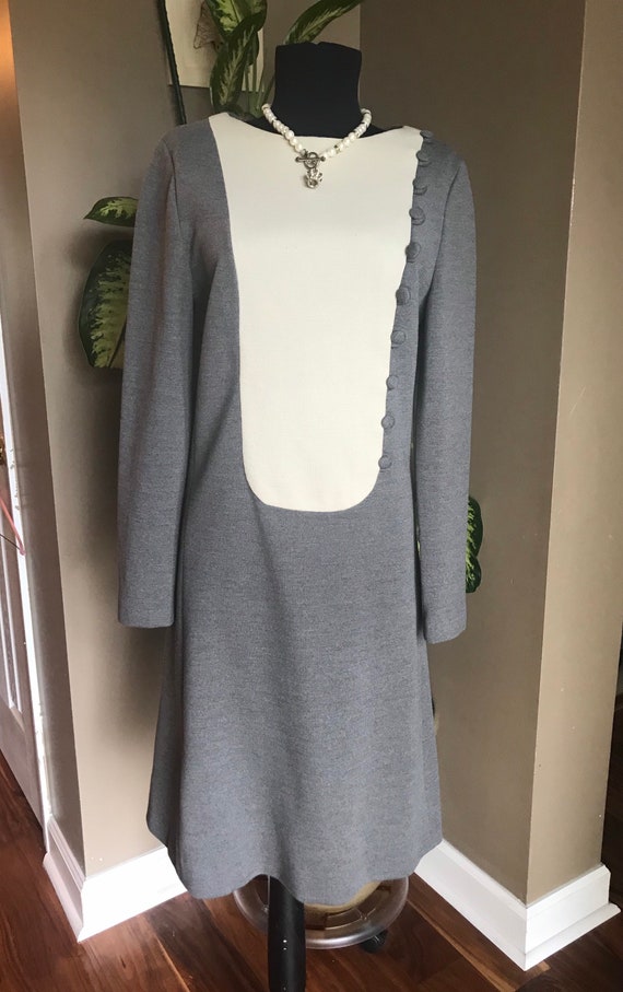 50s Gray Mancini Wool Knit Dress with Ivory Bib/M… - image 1