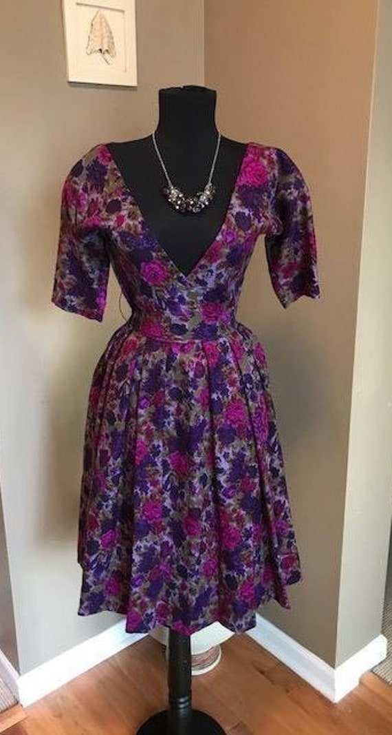 60s Floral Mr. Mort Dress/ Half Sleeves/ Deep V Ne
