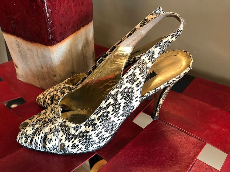 80s Vintage Andrea Pfister Snakeskin Slingback Pumps Shoes Size 9 M