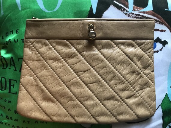 80s Ande Leather Clutch/ Ande Chain Strap Purse/ 80s Purse/ Beige Clutch