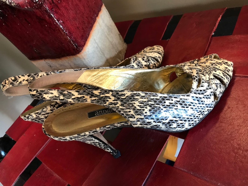 80s Vintage Andrea Pfister Snakeskin Slingback Pumps Shoes Size 9 M