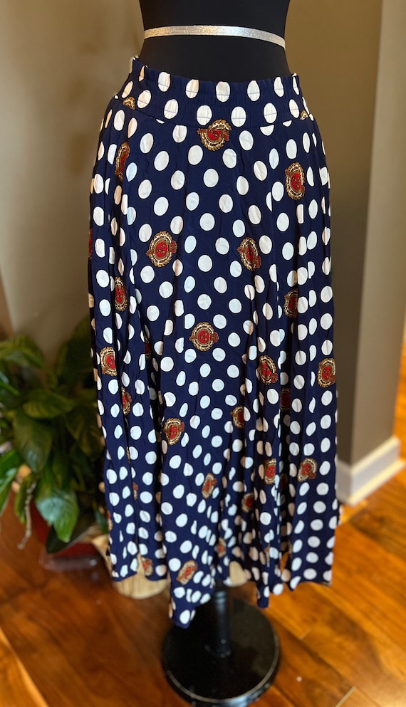 90s Navy Jones New York Polka Dot Midi Skirt/ Vint