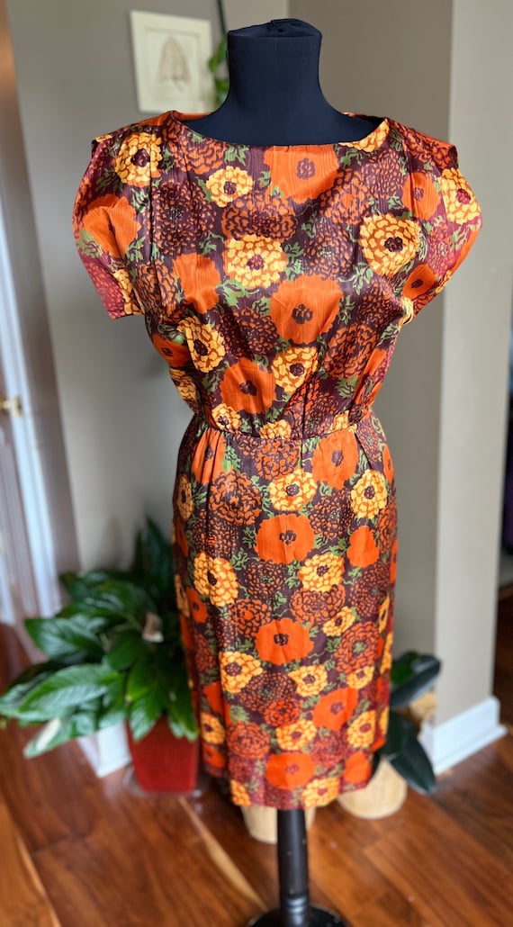 60s Brown Floral Secretary Wiggle Dress/ Modern D… - image 1