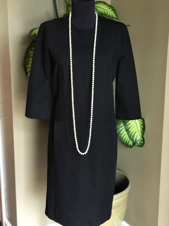 60s Black Butte Knit Wool Dress/ Vintage LBD/Moder