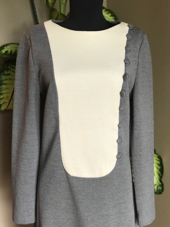 50s Gray Mancini Wool Knit Dress with Ivory Bib/M… - image 2