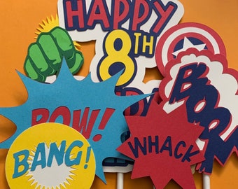 Marvel Avengers Hero Comic Book Cake Topper with Comic Sounds Hulk, Thor & Captain America