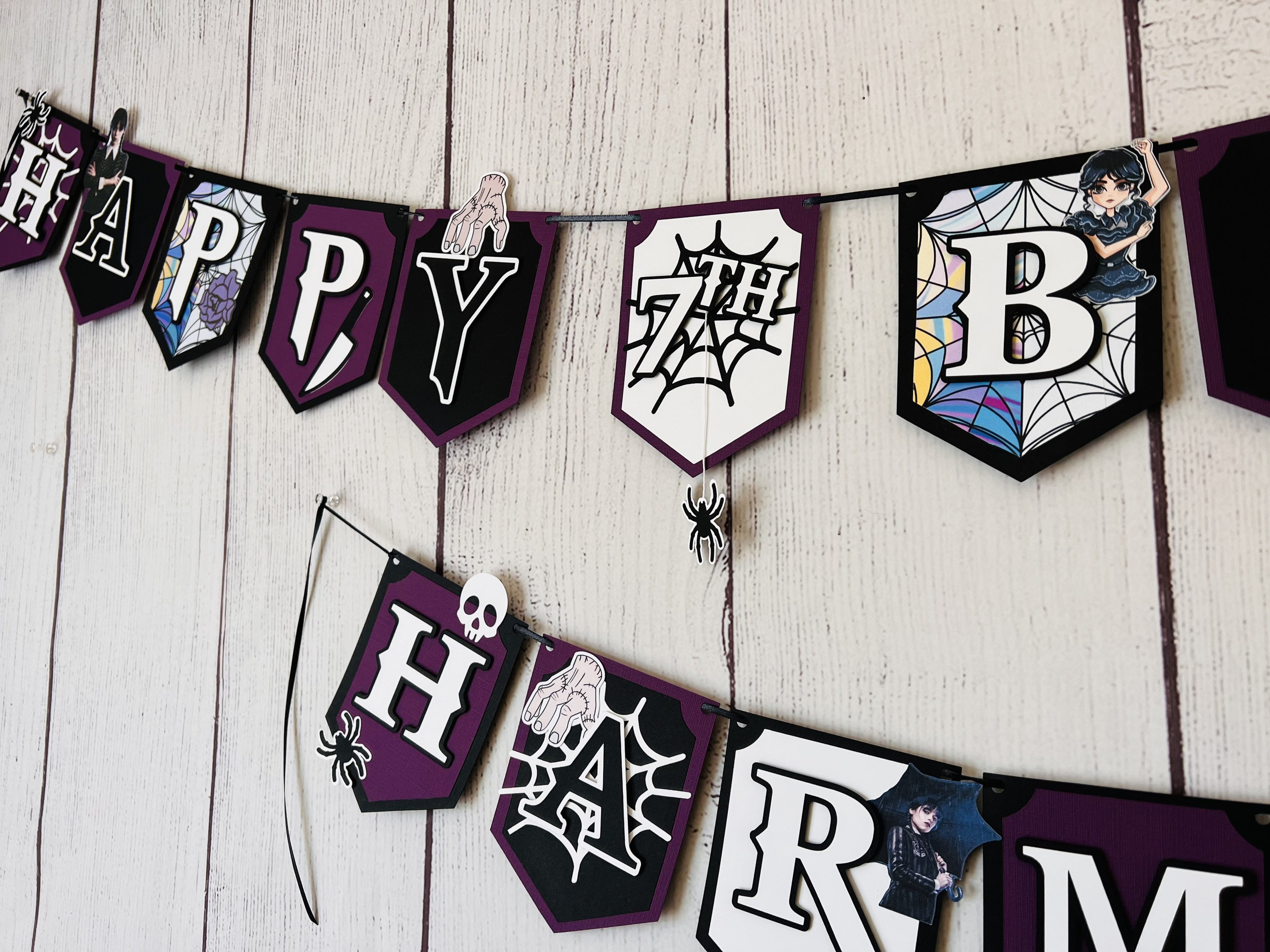 Wednesday Addams Birthday party Banner Food tents Water bottle labels Lollipop stickers Table sign Cake topper
