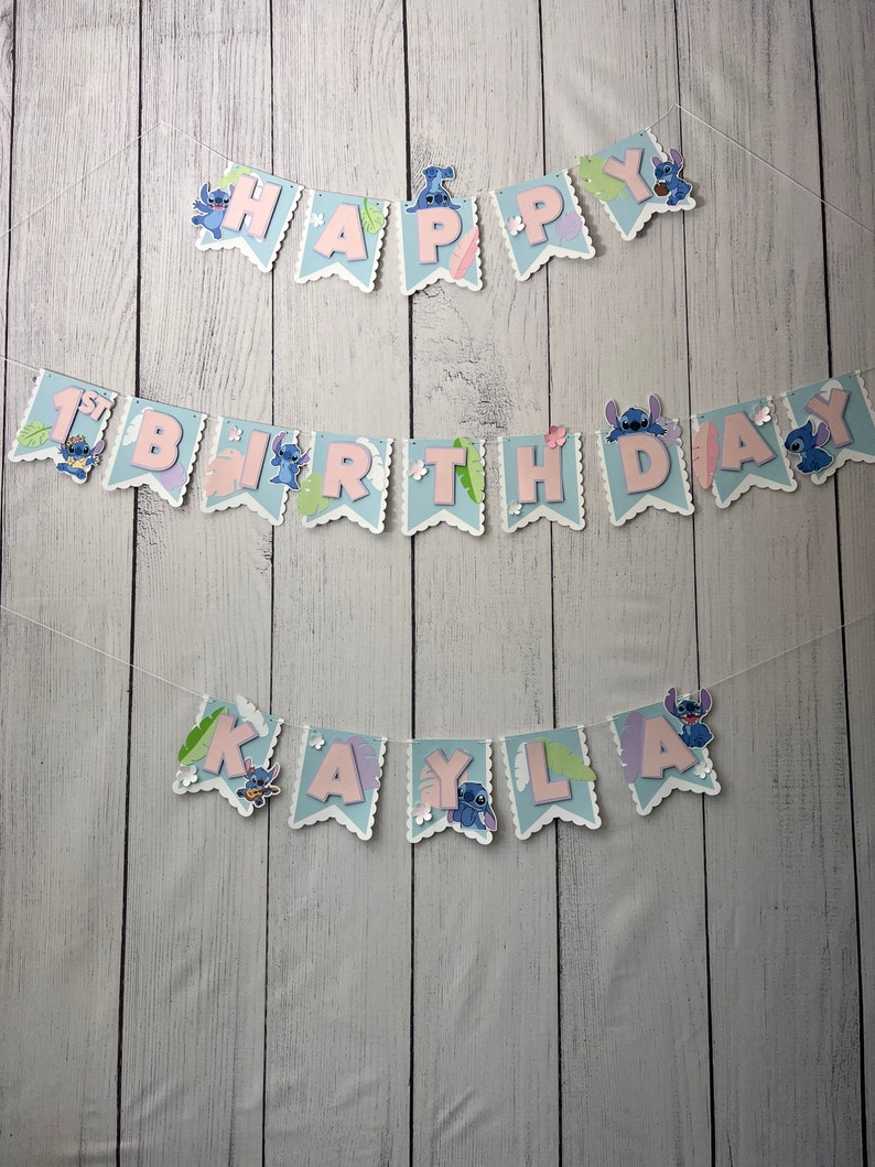 STITCH Birthday Banner Party Decor Soft pastels Happy B-day +Name