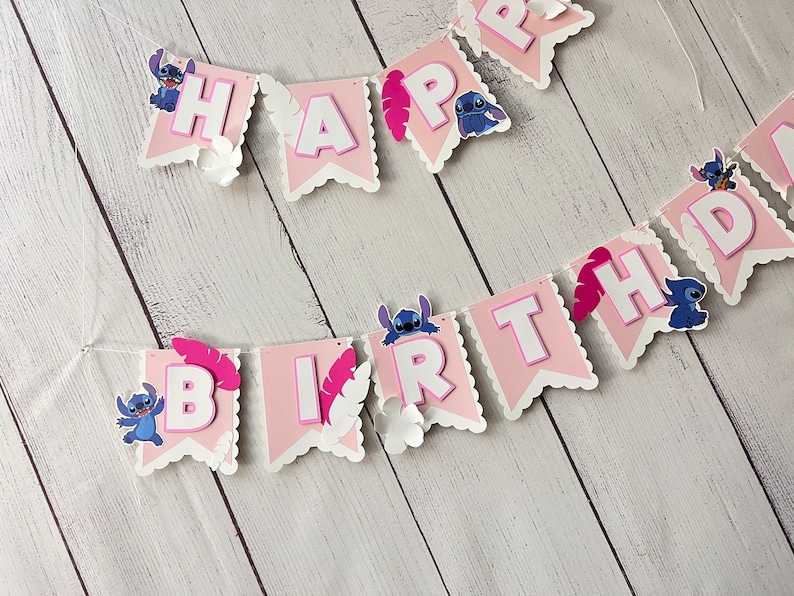 STITCH Birthday Banner Party Decor Soft pastels All Pink Shades