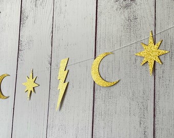 Magical witch and wizard Stars and Moon Glitter Banner