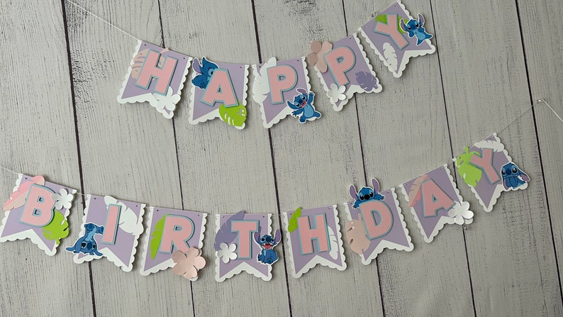 STITCH Birthday Banner Party Decor Soft pastels Lt Pink / Lt Blue