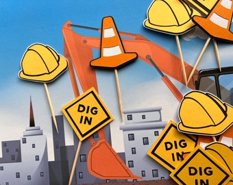 Construction Party Cupcake Toppers: Hard Hats, Cones, Dig In Signs