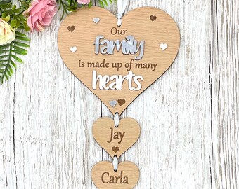 Family Plaque Personalised Wooden White hanging Hearts Gift-up to 6hearts-Green