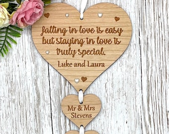 Wooden Anniversary Personalised Hanging Hearts Plaque | 5th Wedding Anniversary Gift