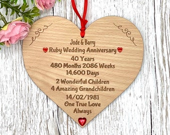 Ruby Wedding Anniversary Gift. Personalised 40th Anniversary Hanging Heart. Parents Anniversary Gift.