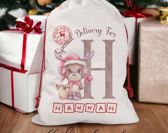 Cute Reindeer Personalised Santa Sack | Children’s Christmas Initial Santa Sack