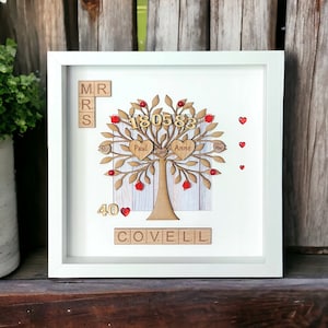 May include: A white frame containing a wooden tree with red hearts and the words "Mr. & Mrs. Covell" and "Paul loves Anne". The date "180583" and the number "40" are also on the tree.