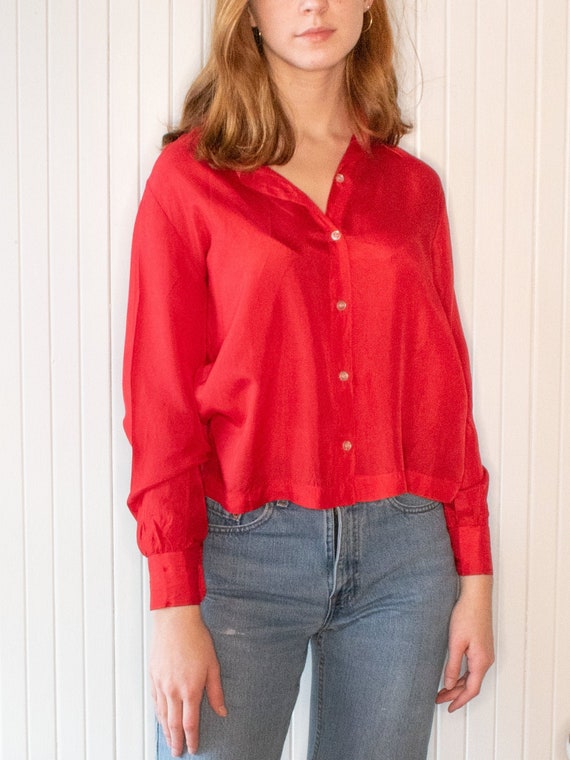 Vintage Lanvin Silk Red Long Sleeve Blouse Size Sm