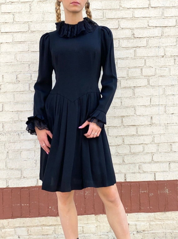 80s Ruffle Collar Long Sleeve Black Dress