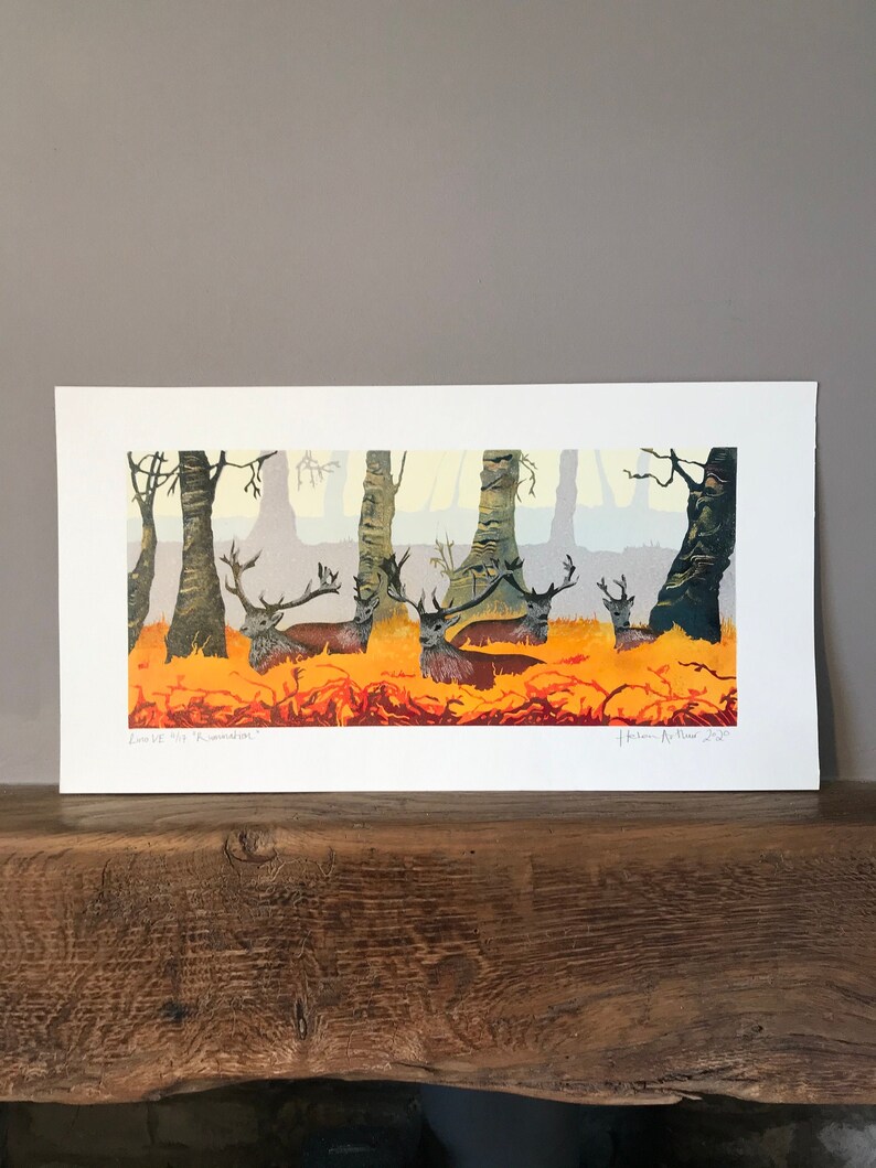 Wall art red deer and stag in woodlands original handprinted Etsy