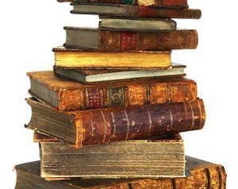 May include: A stack of vintage, leather-bound books with worn spines and gold lettering. The books are arranged in a vertical stack, with the oldest book on top and the newest book on the bottom.