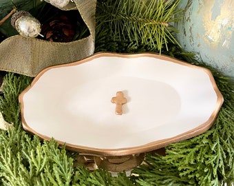 Handmade Gold Rim Scalloped Blessing Bowl With Cross