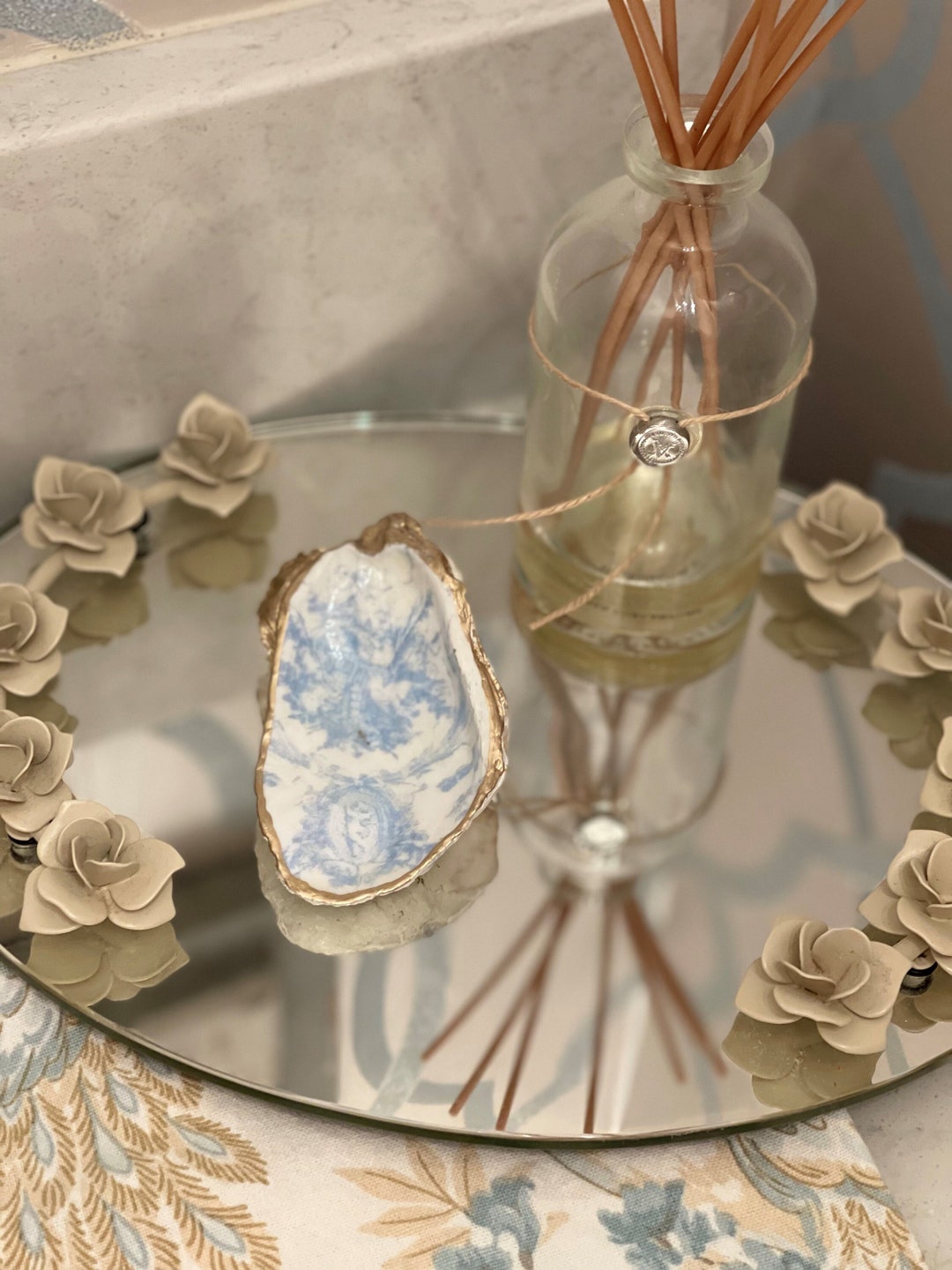 Blue Toile Oyster Shell Trinket Dish - Etsy