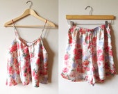 Size S Pajamas Camisole Top and Shorts Vintage 1980s 1990s Floral Satin Rose Lilac Blossom Pj Sleepwear Romantic Wedding Cropped Crop Top