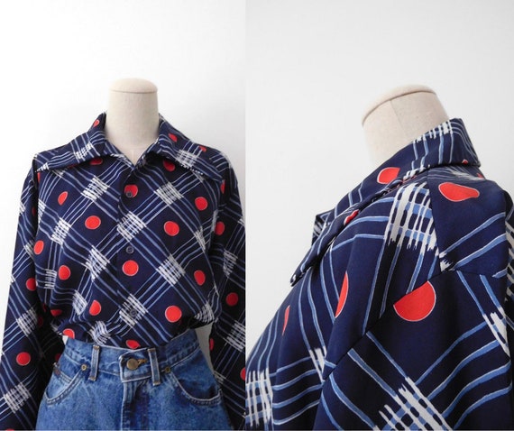 Size M Polka Dot and Plaid Top Vintage 1970s 70s … - image 1