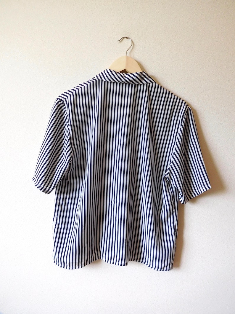 Size S M Striped Blouse Vintage 1980s 1990s Short Sleeves Stripes Boxy Button Down Shirt Square Collar