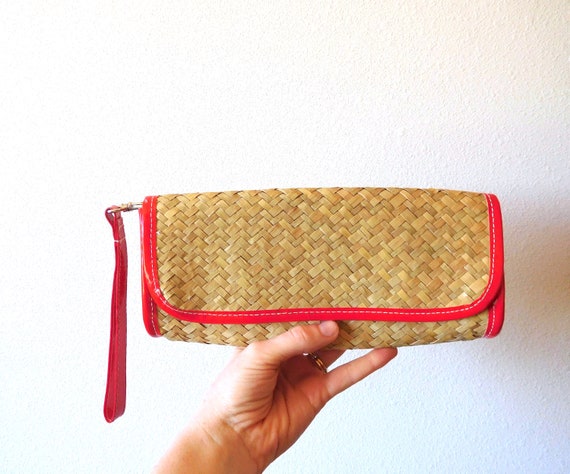 Woven Straw Clutch Vintage 1990s Straw Wristlet B… - image 3