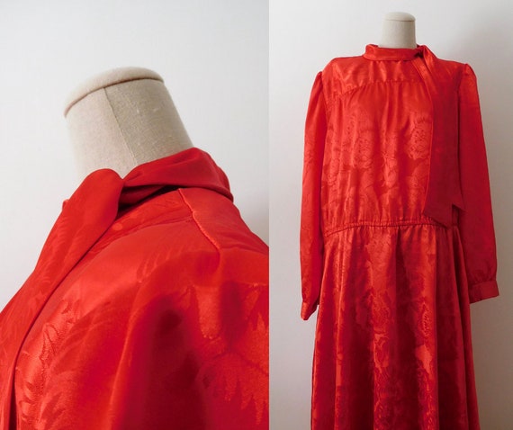 Size M / L Red Dress Vintage 1980s 80s Long Sleev… - image 1