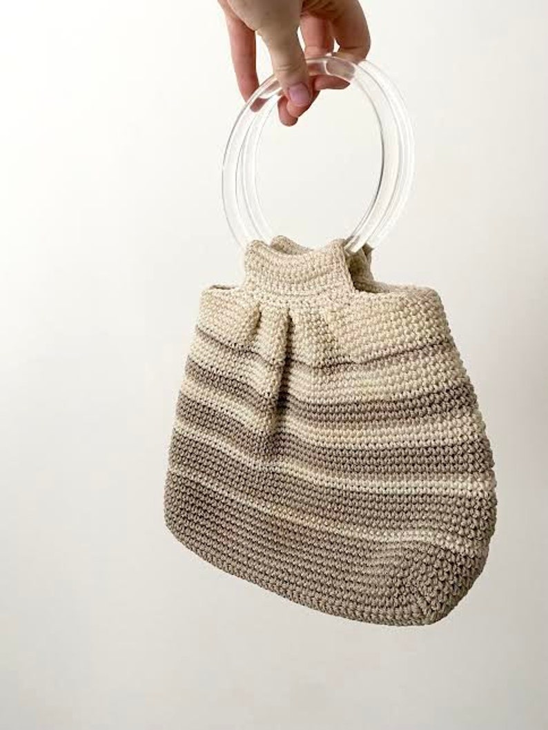 Vintage 1990s Woven Crochet Handbag Lucite Clear Round Handle 90s Stripes Bag Beige White Cream Neutral Spring Summer Small Tiny Neutral image 5