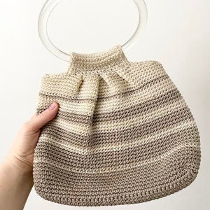 Vintage 1990s Woven Crochet Handbag Lucite Clear Round Handle 90s Stripes Bag Beige White Cream Neutral Spring Summer Small Tiny Neutral image 7