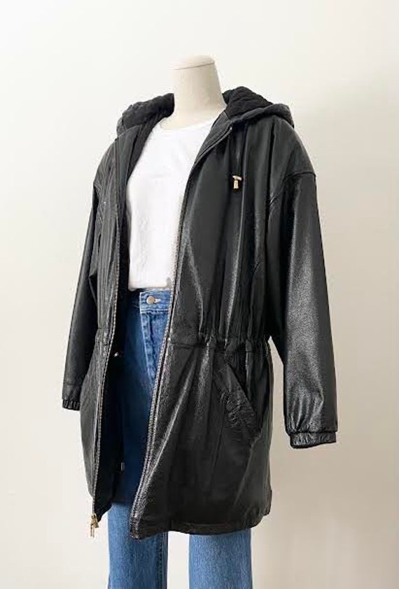 Size M Hooded Leather Parka Vintage 1990s 90s Hoo… - image 7