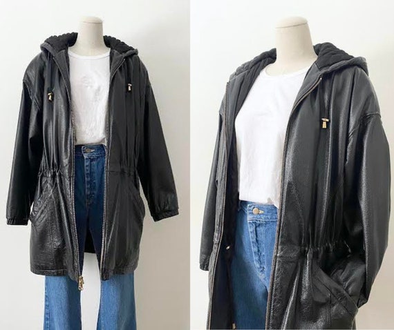 Size M Hooded Leather Parka Vintage 1990s 90s Hoo… - image 1