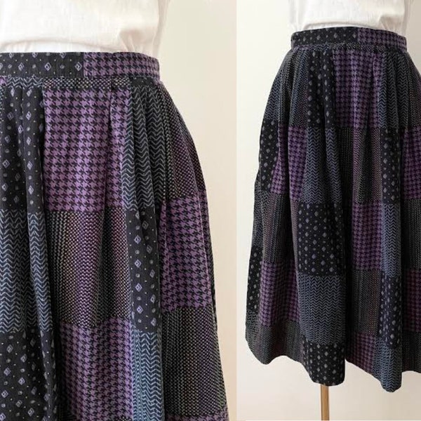 Waist 26 Pleated Corduroy Skirt Vintage 1980s 80s High waisted Patchwork Houndstooth Zig Zags Polka Dots Purple Black Thin wale Cord