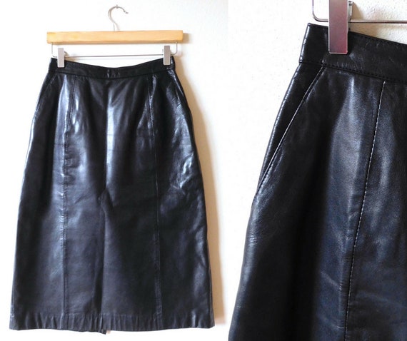 Waist 26 Black Pencil Skirt Vintage 1980s Knee Le… - image 1