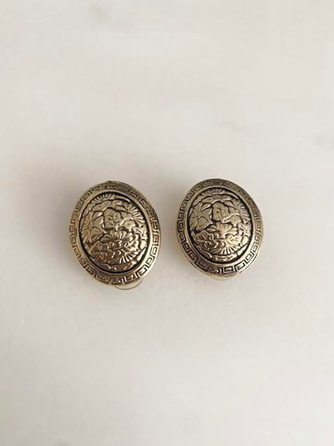 Vintage Greek Keyline Clip Ons 1980s Oval Botanical Leaves Etsy