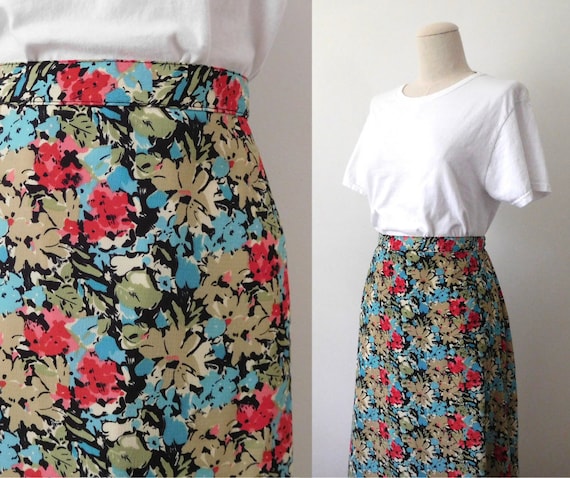 Waist 31 Floral Midi Skirt 1990s Flowers High wai… - image 1