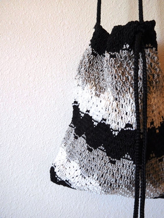 Crochet Pouch Bag Vintage 1990s 90s Black White G… - image 3