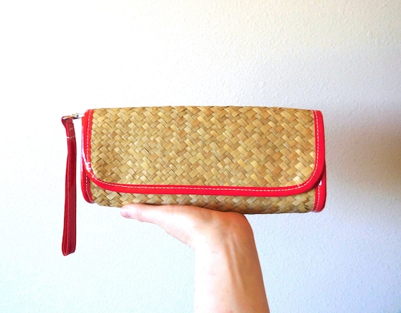 Woven Straw Clutch Vintage 1990s Straw Wristlet B… - image 1