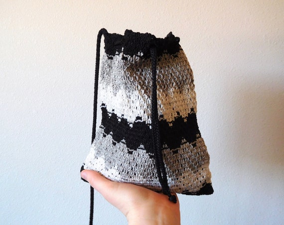 Crochet Pouch Bag Vintage 1990s 90s Black White G… - image 4