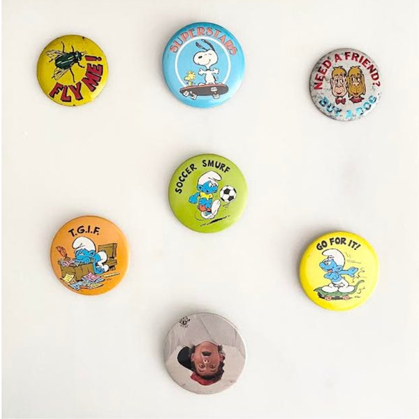 Vintage 1960s, 1970s, 1980s Pins Buttons Smurfs Go for it Dog Fly Snoopy Peanuts Growing Pains Kirk Cameron Iconic Classic Gift Accessory